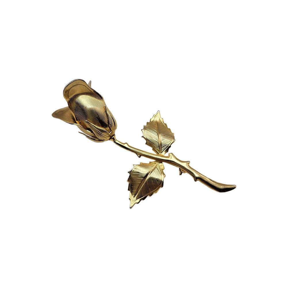 Vintage Gold Plated Thorny Rose Brooch, 3.25" Long - Picture 2 of 11